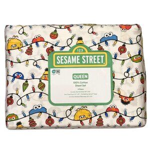 NEW Sesame Street Characters w/Christmas Lights QUEEN Sheet Set - 4 Piece